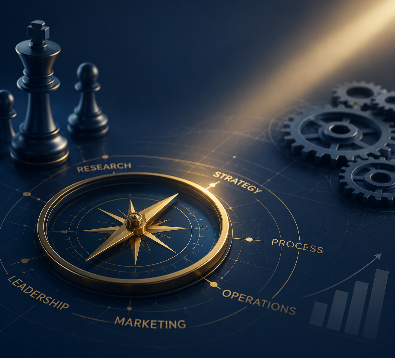 Strategy, leadership, operations, marketing, research, and process compass